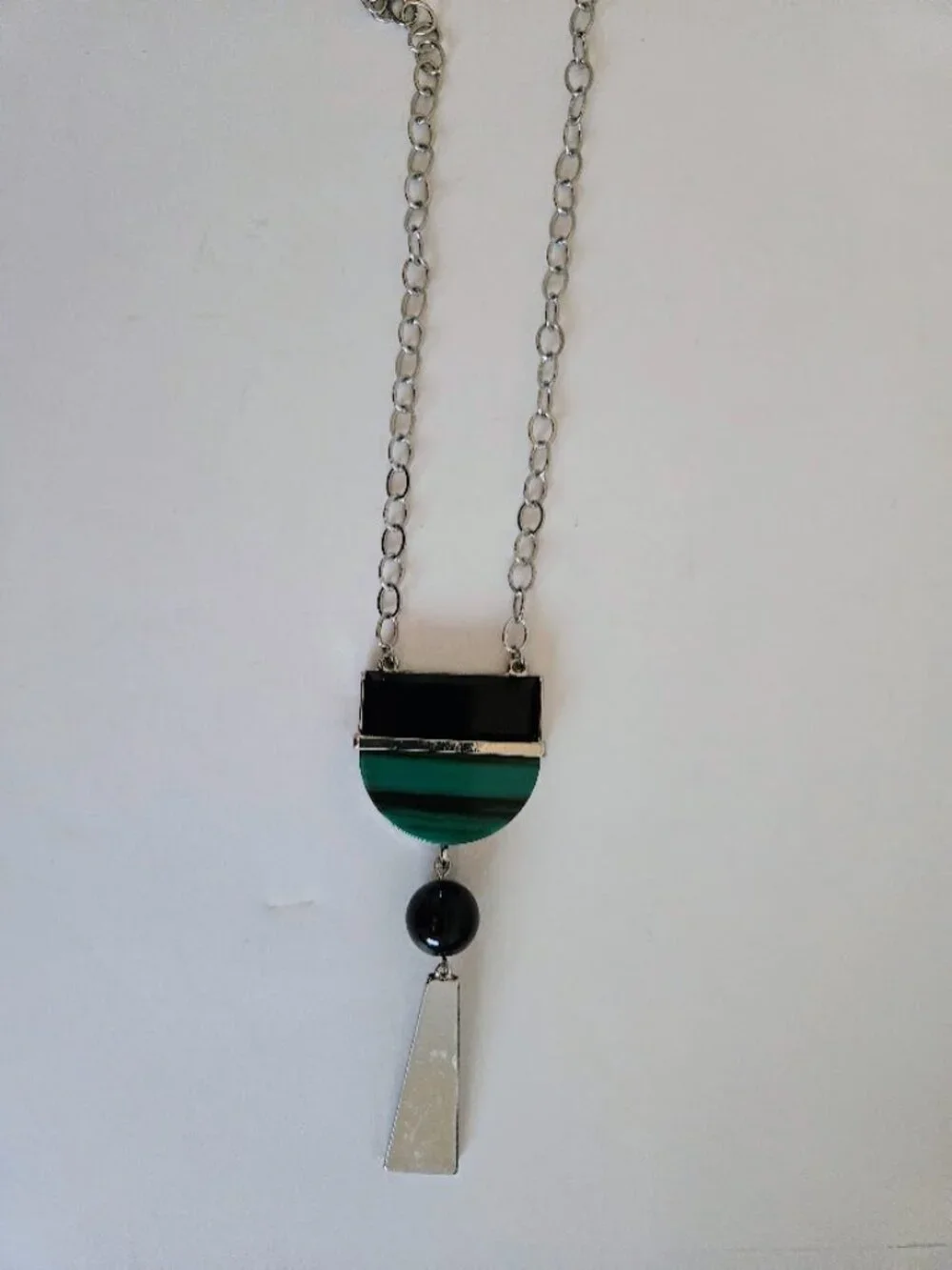 Chico's long necklace with chunky green, black and silver‎ drop piece